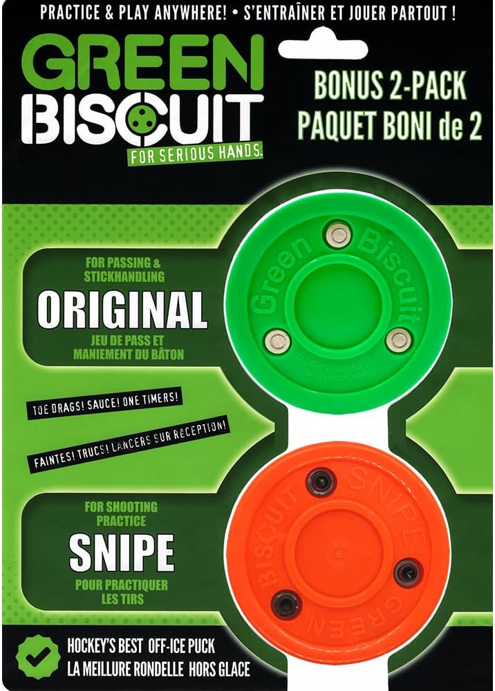 Green Biscuit Hockey Puck 2-Pack, Original, Off Ice Hockey Puck/Snipe, Shooting Street Hockey Puck Better Stick Handling, Passing and Shooting
