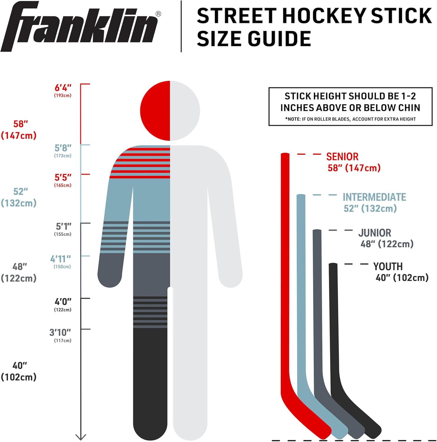 Franklin Sports Street Hockey Sticks - Ambush Junior Street Hockey Stick - Wood and Fiberglass Shaft - ABS Blade - One Piece Stick - 46", 52", 58"