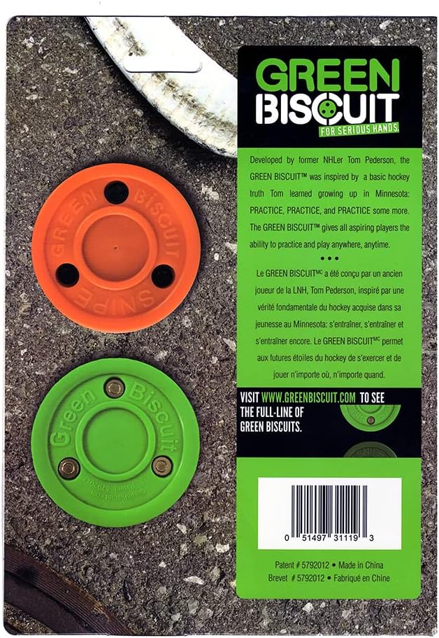 Green Biscuit Hockey Puck 2-Pack, Original, Off Ice Hockey Puck/Snipe, Shooting Street Hockey Puck Better Stick Handling, Passing and Shooting