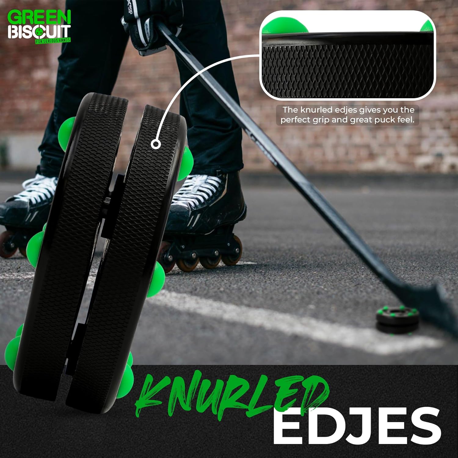 Green Biscuit Roller Hockey Puck Bucket 15 Pucks
