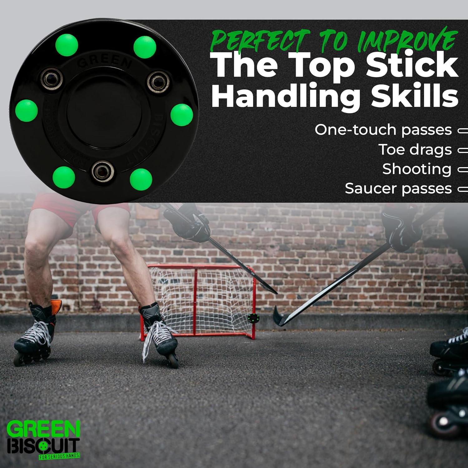 Green Biscuit Roller Hockey Puck Bucket 15 Pucks