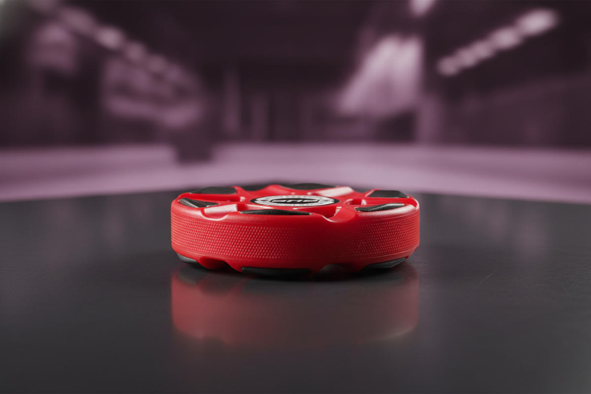 Bauer Slivvver Roller Hockey Puck with high-density runners, on a dark charcoal surface with blurred plum and lilac backgroun